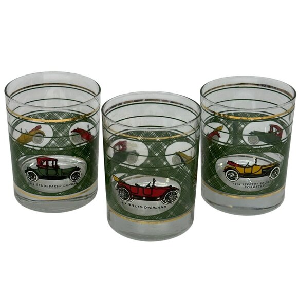VTG Libbey Classic Car Whiskey Glasses Set of 3 12oz Willys Oveland Tumblers MCM - Picture 1 of 11